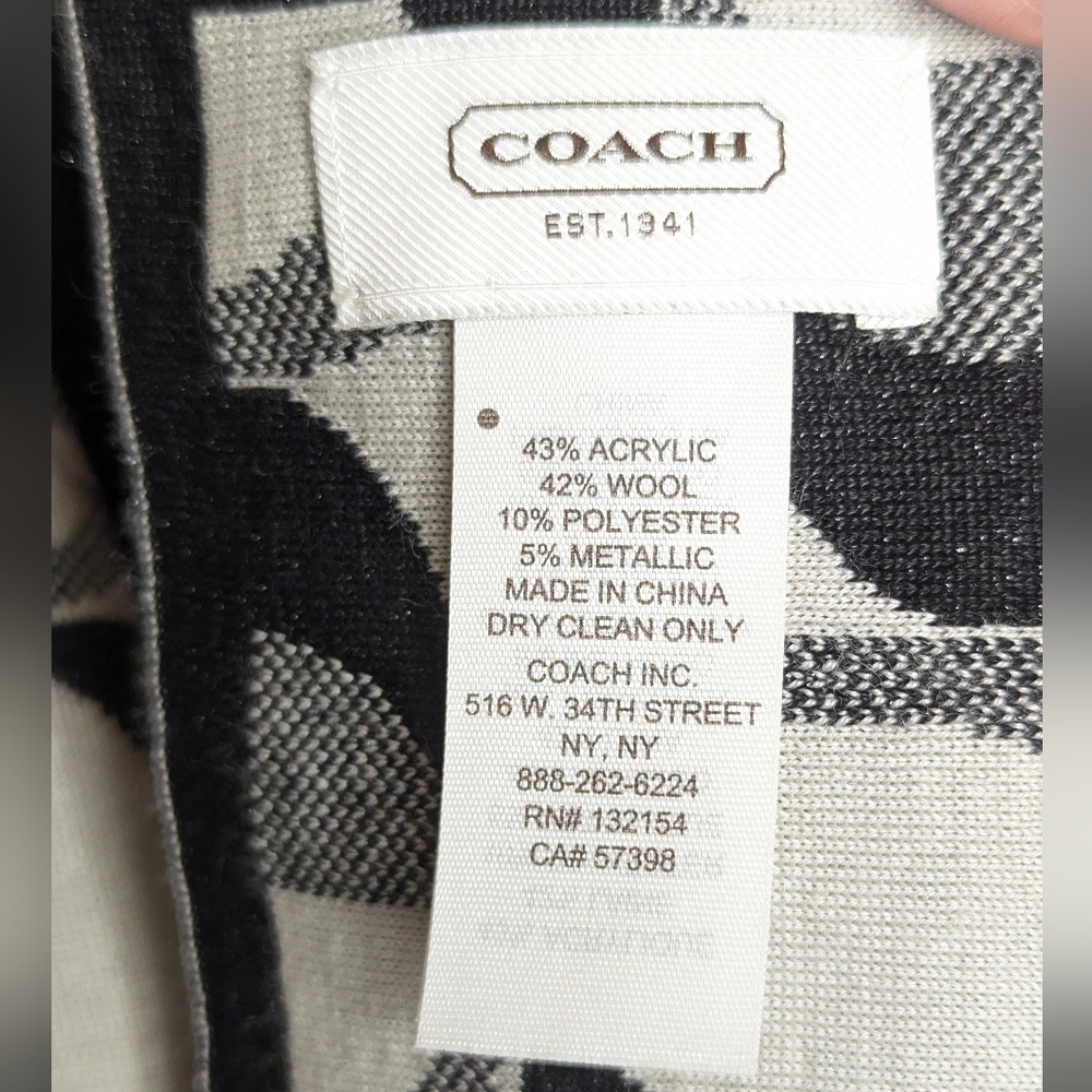 Coach Signature Black White Gray Wool Blend Knit Scarf Shawl - Picture 4 of 7